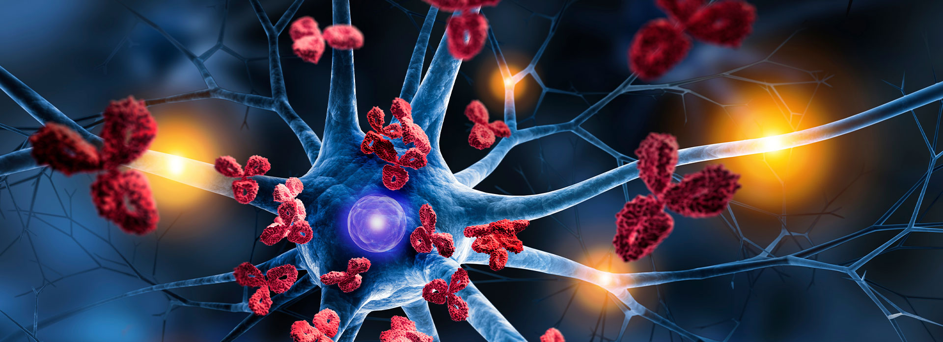 The image is a digital artwork depicting a microscopic view of the inside of a cell, with various organelles and structures such as mitochondria, ribosomes, and vesicles. It also features molecules that resemble proteins or enzymes, some of which are labeled  Cytokine  and  RNA,  along with other molecular components like DNA and lipid bilayers. The cell is set against a blue background with a network of neurons and synapses, suggesting a connection between the cellular environment and neural activity.