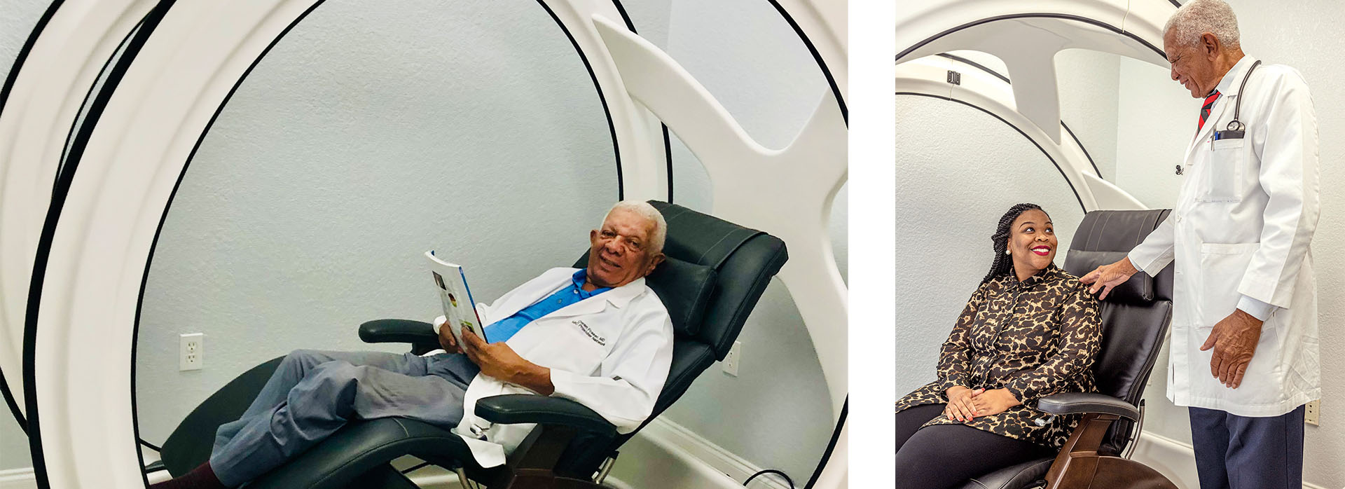 The image shows a person sitting on a reclined chair with a medical device attached to their head, and another individual standing beside them, both in an environment that appears to be a medical or diagnostic facility.