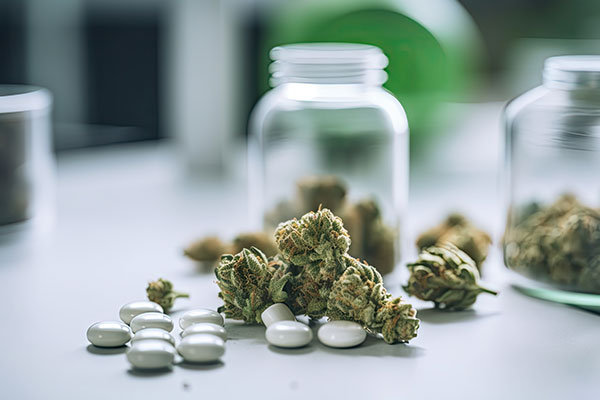 An assortment of medical marijuana products displayed on a table, including various strains of buds, pills, and edibles.